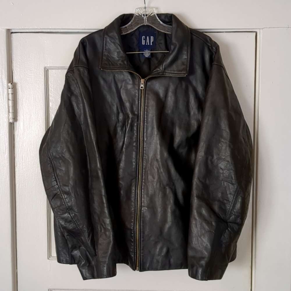 Gap Leather Jacket Quilted Lined XL Men's Black Y2K Heavy Motorcycle